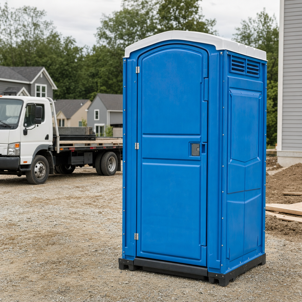 Delivery driver positioning a clean royal-blue portable toilet on level ground at a Anaheim worksite
