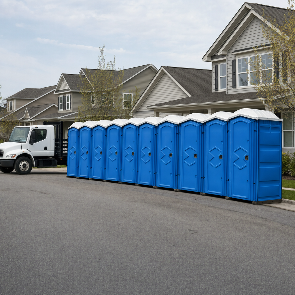 Royal blue portable toilets staged in a tidy row at a Anaheim jobsite, ready for delivery